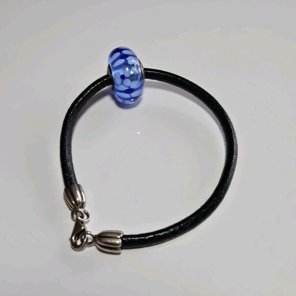 **Sale** Pandora Black Cord Bracelet W/ Large Blue Flowered Murano Glass Bead 7" - Picture 13 of 16